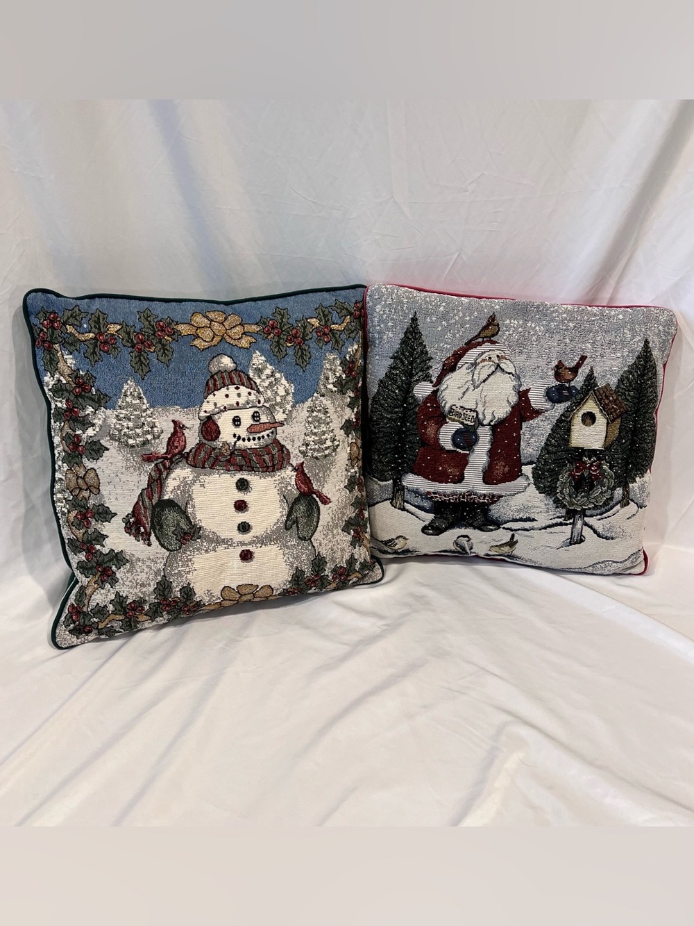 Vintage Christmas Tapestry Pillows Set of 2 Santa Snowman 16x16 Holiday